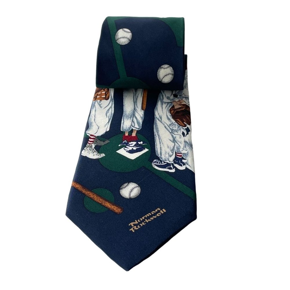 Vintage 1996 Norman Rockwell Art Print Tie Boys Baseball All Silk Men's Necktie
